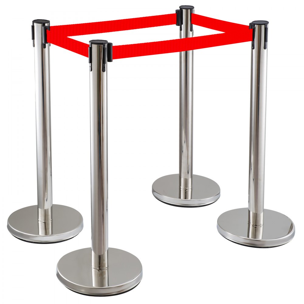 Stainless Steel Crowd Control Stanchion Red Belt Retractable Queue Posts