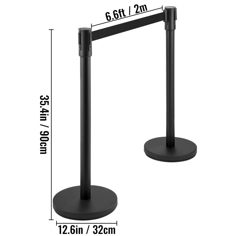 VEVOR Crowd Control Stanchion, Set of 8 Pieces Stanchion Set, Stanchion Set with 6.6 ft/2 m Black Retractable Belt, Black Crowd Control Barrier with Concrete and Metal Base – Easy Connect Assembly