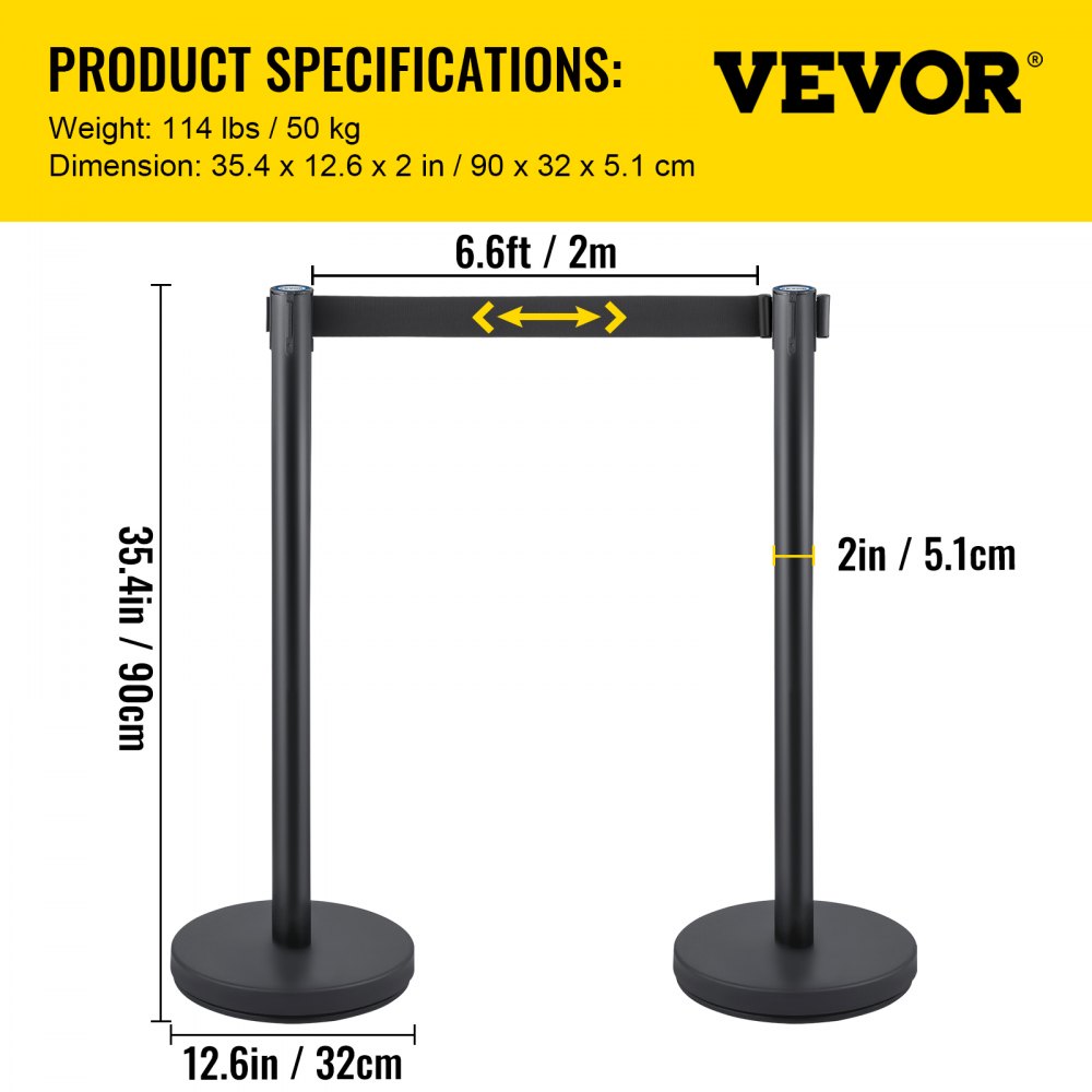 VEVOR Crowd Control Stanchion, Set of 8 Pieces Stanchion Set, Stanchion Set with 6.6 ft/2 m Black Retractable Belt, Black Crowd Control Barrier with Concrete and Metal Base – Easy Connect Assembly