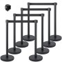VEVOR Crowd Control Stanchion, 8 Pieces Stanchion Set, with 6.6 ft/2 m Black Retractable Belt, Black Crowd Control Barrier with Concrete and Metal Base, Easy Connect Assembly