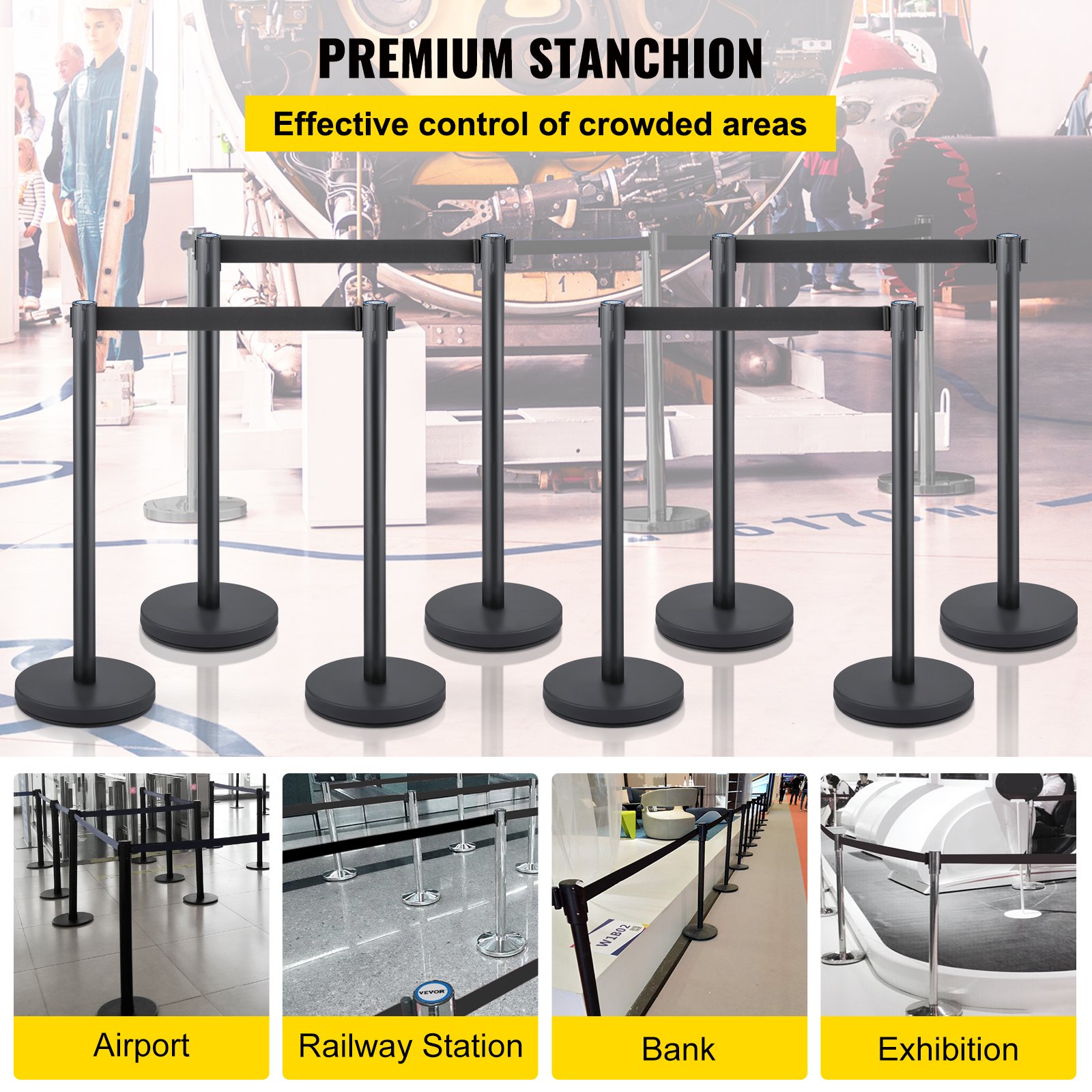 VEVOR Crowd Control Stanchion, Set of 8 Pieces Stanchion Set, Stanchion Set with 6.6 ft/2 m Black Retractable Belt, Black Crowd Control Barrier with Concrete and Metal Base – Easy Connect Assembly