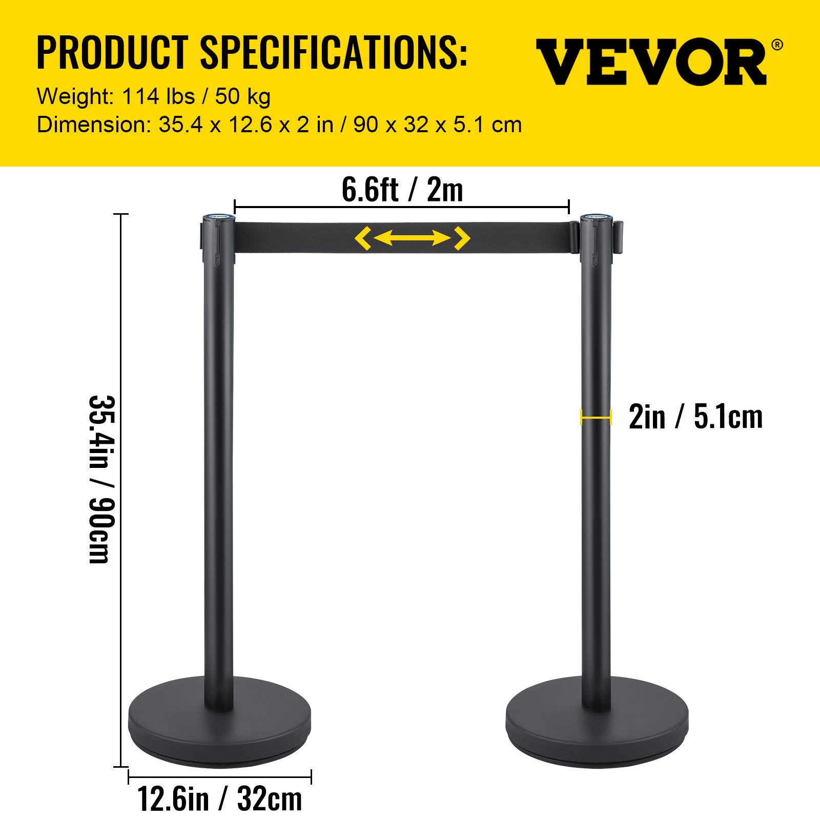 VEVOR Crowd Control Stanchion, Set of 8 Pieces Stanchion Set, Stanchion Set with 6.6 ft/2 m Black Retractable Belt, Black Crowd Control Barrier with Concrete and Metal Base – Easy Connect Assembly