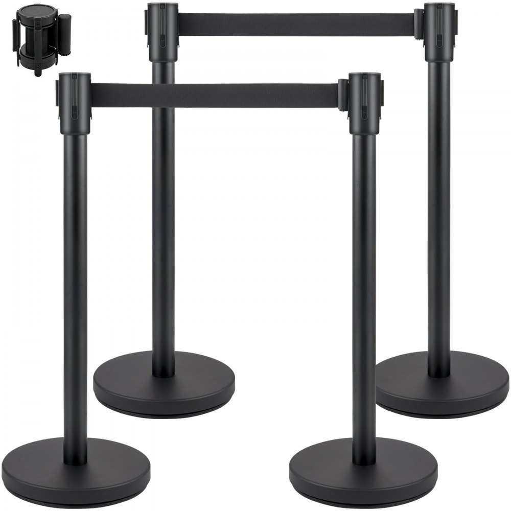 black VEVOR crowd control stanchion set with retractable belts and base attachments.