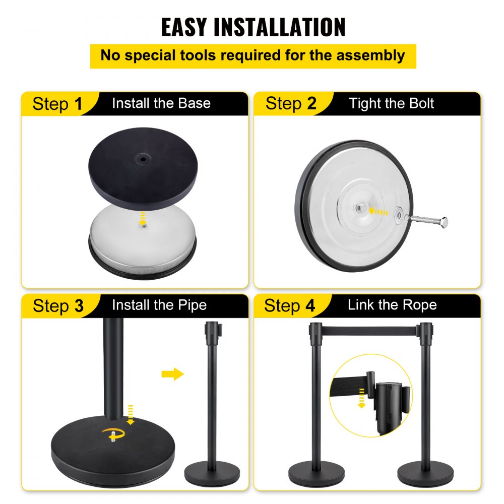 VEVOR Crowd Control Stanchion, Set of 6 Pieces Stanchion Set, Stanchion Set with 6.6 ft/2 m Black Retractable Belt, Black Crowd Control Barrier with Concrete and Metal Base - Easy Connect Assembly