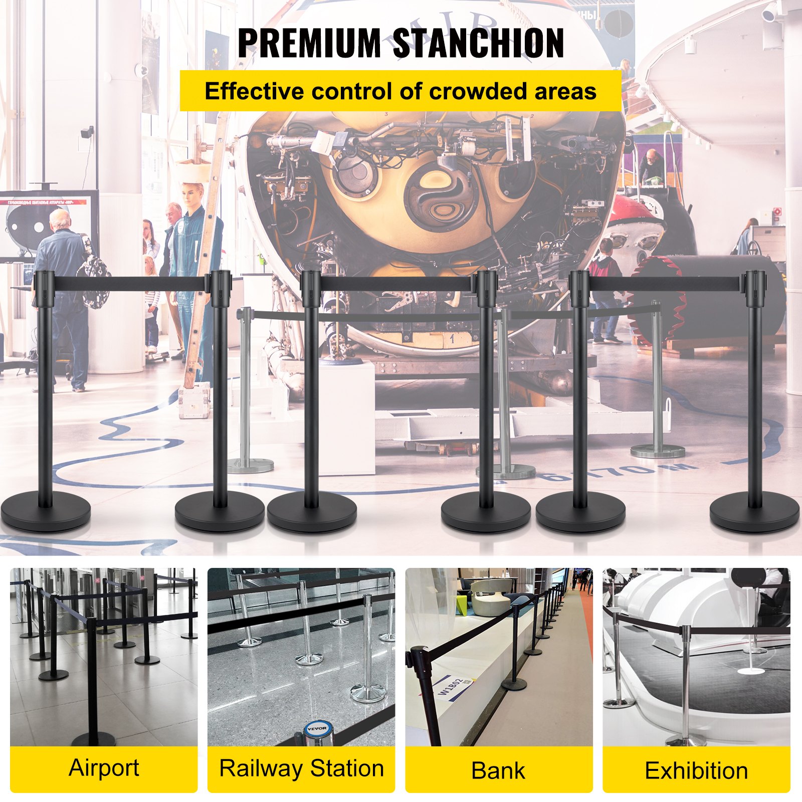 VEVOR Crowd Control Stanchion, Set of 6 Pieces Stanchion Set, Stanchion Set with 6.6 ft/2 m Black Retractable Belt, Black Crowd Control Barrier with Concrete and Metal Base - Easy Connect Assembly