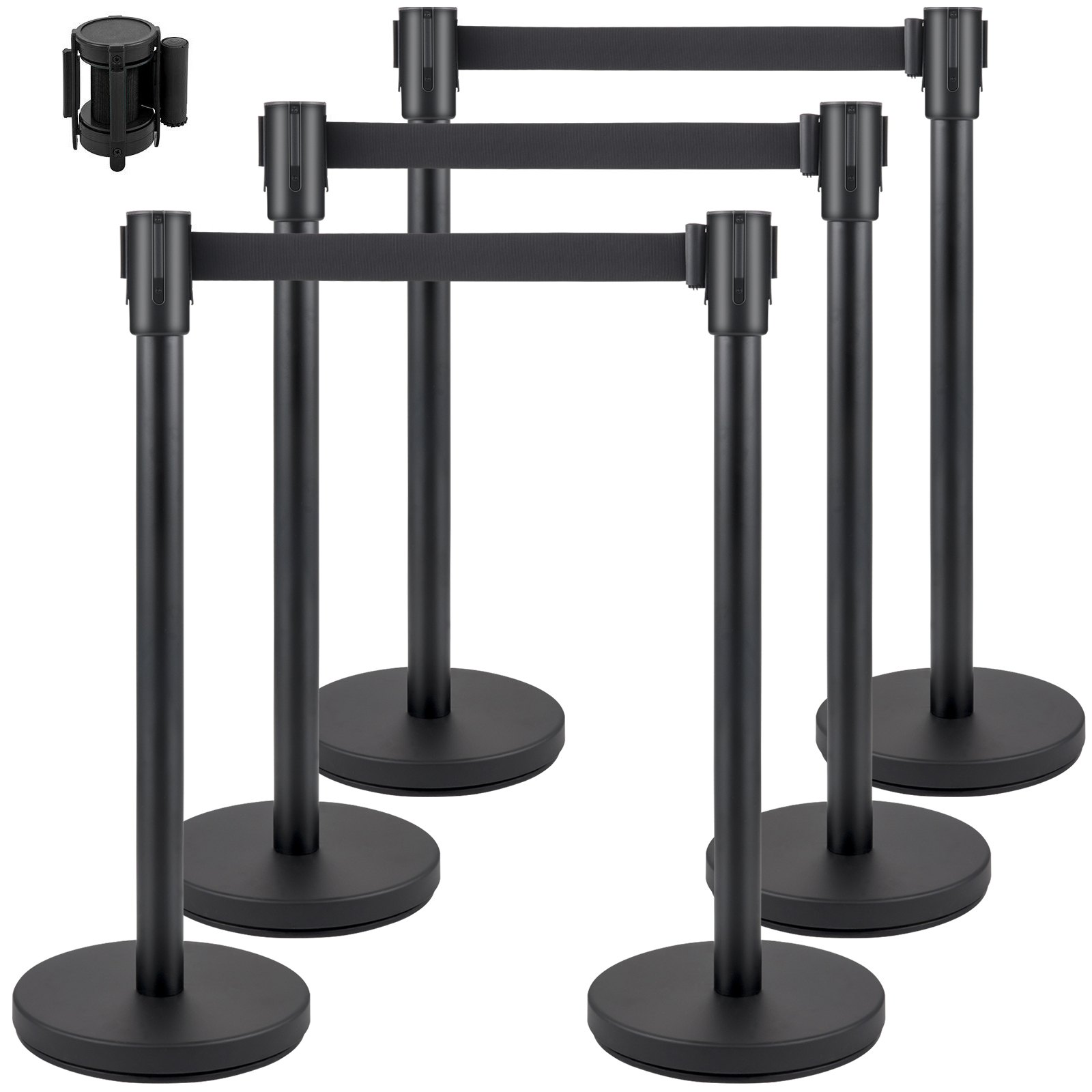 VEVOR Crowd Control Stanchion, Set of 6 Pieces Stanchion Set, Stanchion Set with 6.6 ft/2 m Black Retractable Belt, Black Crowd Control Barrier with Concrete and Metal Base - Easy Connect Assembly