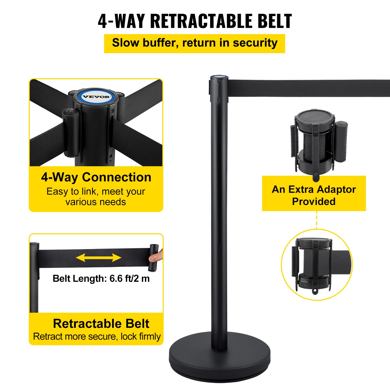 VEVOR crowd control stanchion with 4-way retractable belt and extra adaptor provided.