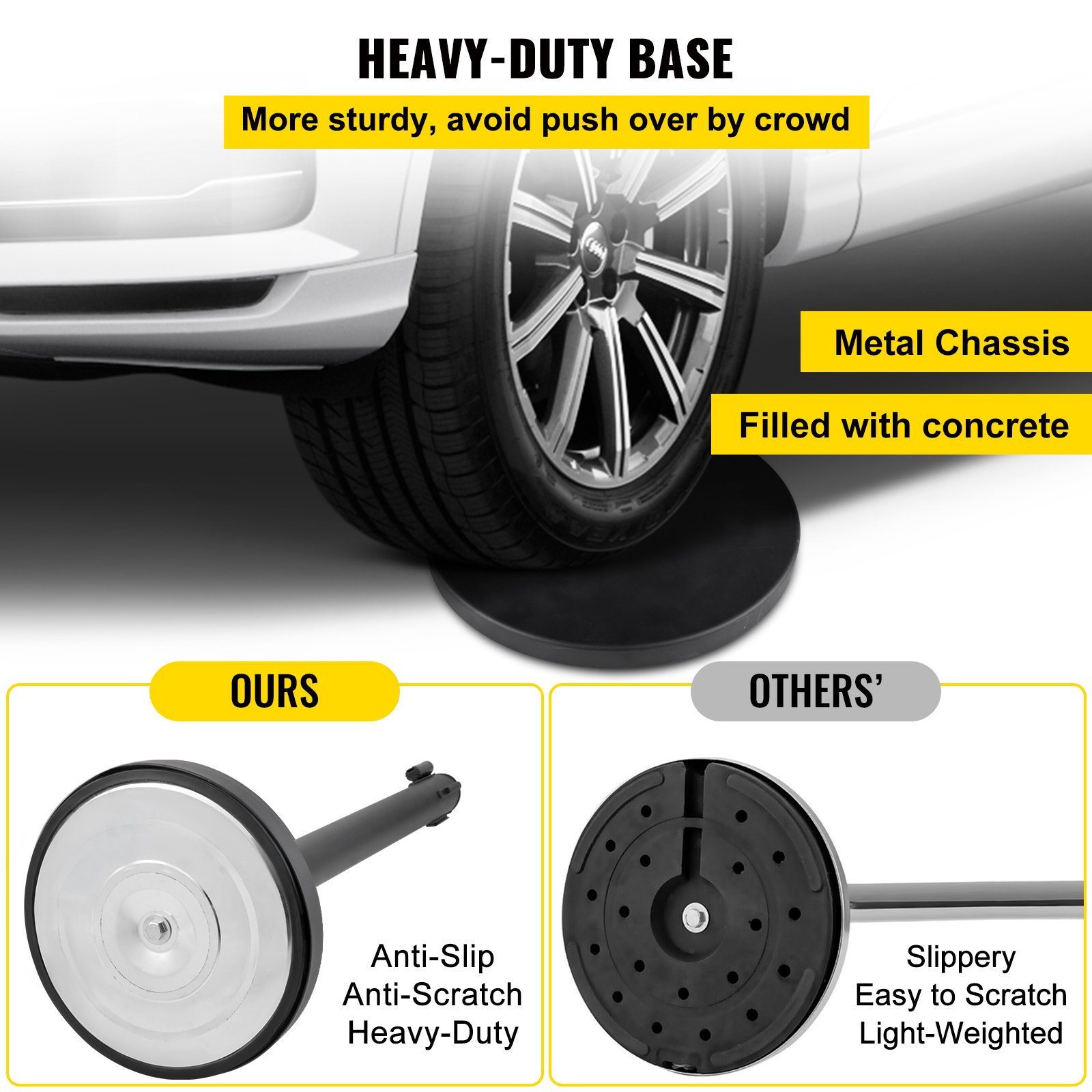 heavy-duty base compared: VEVOR crowd control stanchion vs others, highlighting sturdiness.