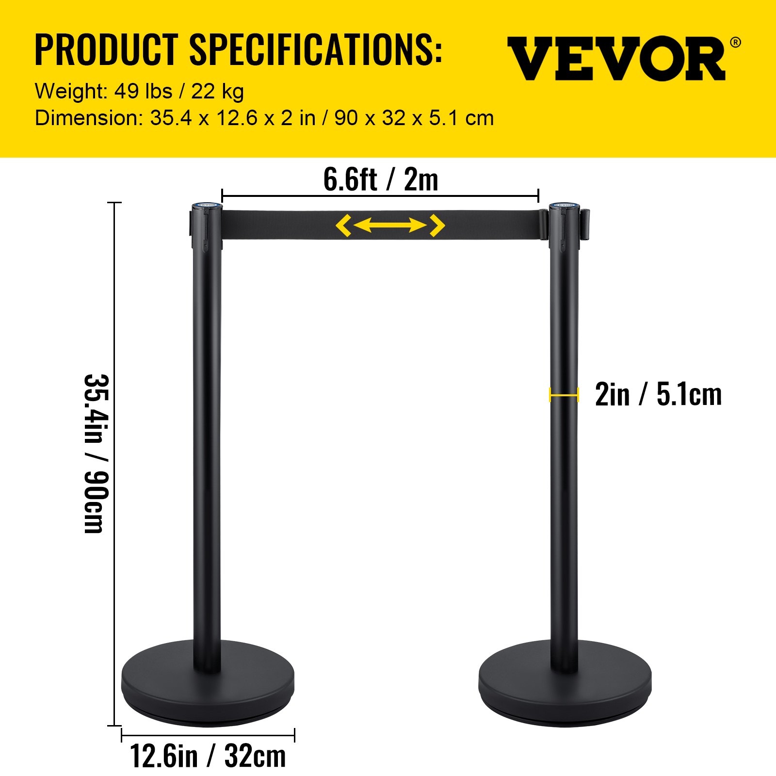 VEVOR crowd control stanchion: 35.4in tall, 6.6ft retractable belt, 2in diameter pole.