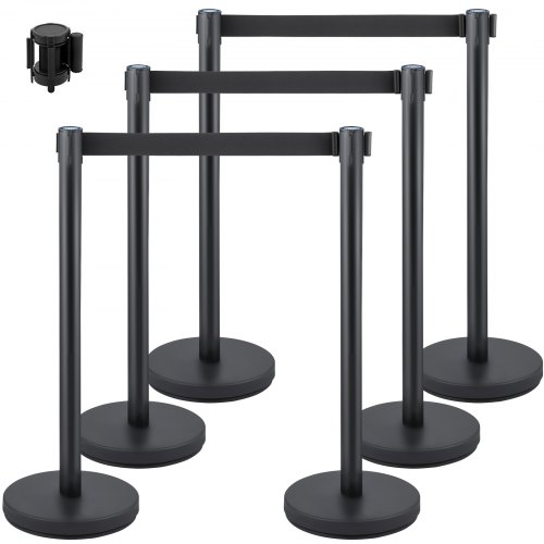 VEVOR Crowd Control Stanchion, Set of 6 Pieces Stanchion Set, Stanchion Set with 6.6 ft/2 m Black Retractable Belt, Black Crowd Control Barrier w/ Concrete and Metal Base – Easy Connect Assembly