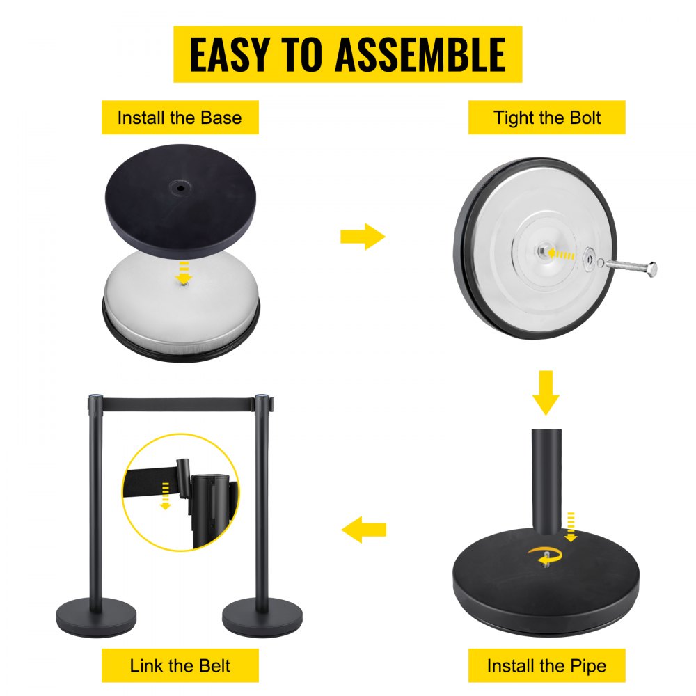 VEVOR Crowd Control Stanchion, Set of 6 Pieces Stanchion Set, Stanchion Set with 6.6 ft/2 m Black Retractable Belt, Black Crowd Control Barrier w/ Concrete and Metal Base – Easy Connect Assembly