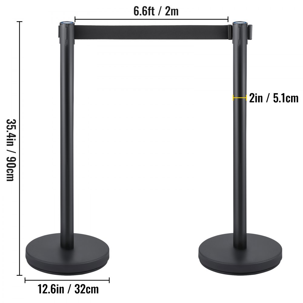 VEVOR Crowd Control Stanchion, Set of 6 Pieces Stanchion Set, Stanchion Set with 6.6 ft/2 m Black Retractable Belt, Black Crowd Control Barrier w/ Concrete and Metal Base – Easy Connect Assembly