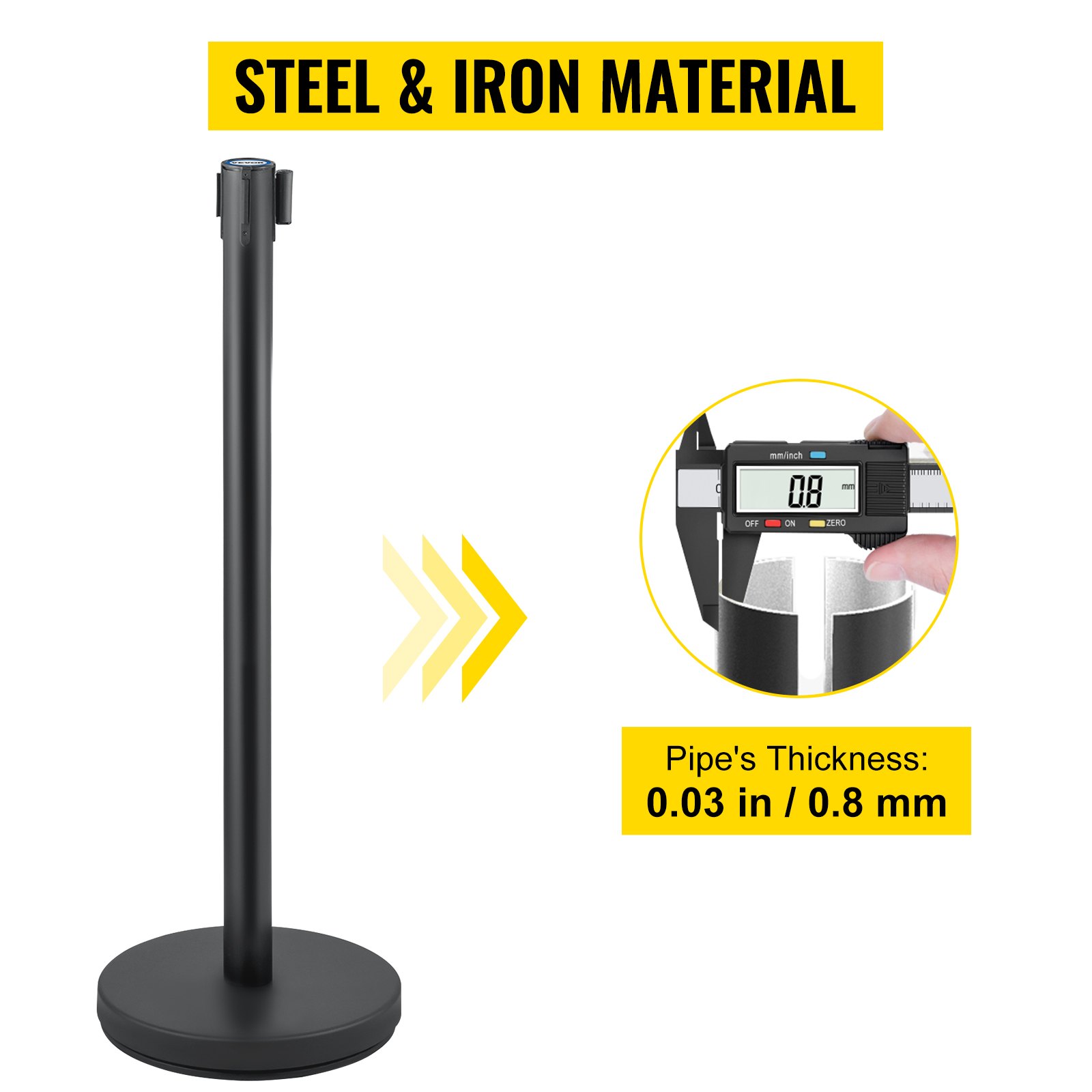 VEVOR Crowd Control Stanchion, Set of 6 Pieces Stanchion Set, Stanchion Set with 6.6 ft/2 m Black Retractable Belt, Black Crowd Control Barrier w/ Concrete and Metal Base – Easy Connect Assembly
