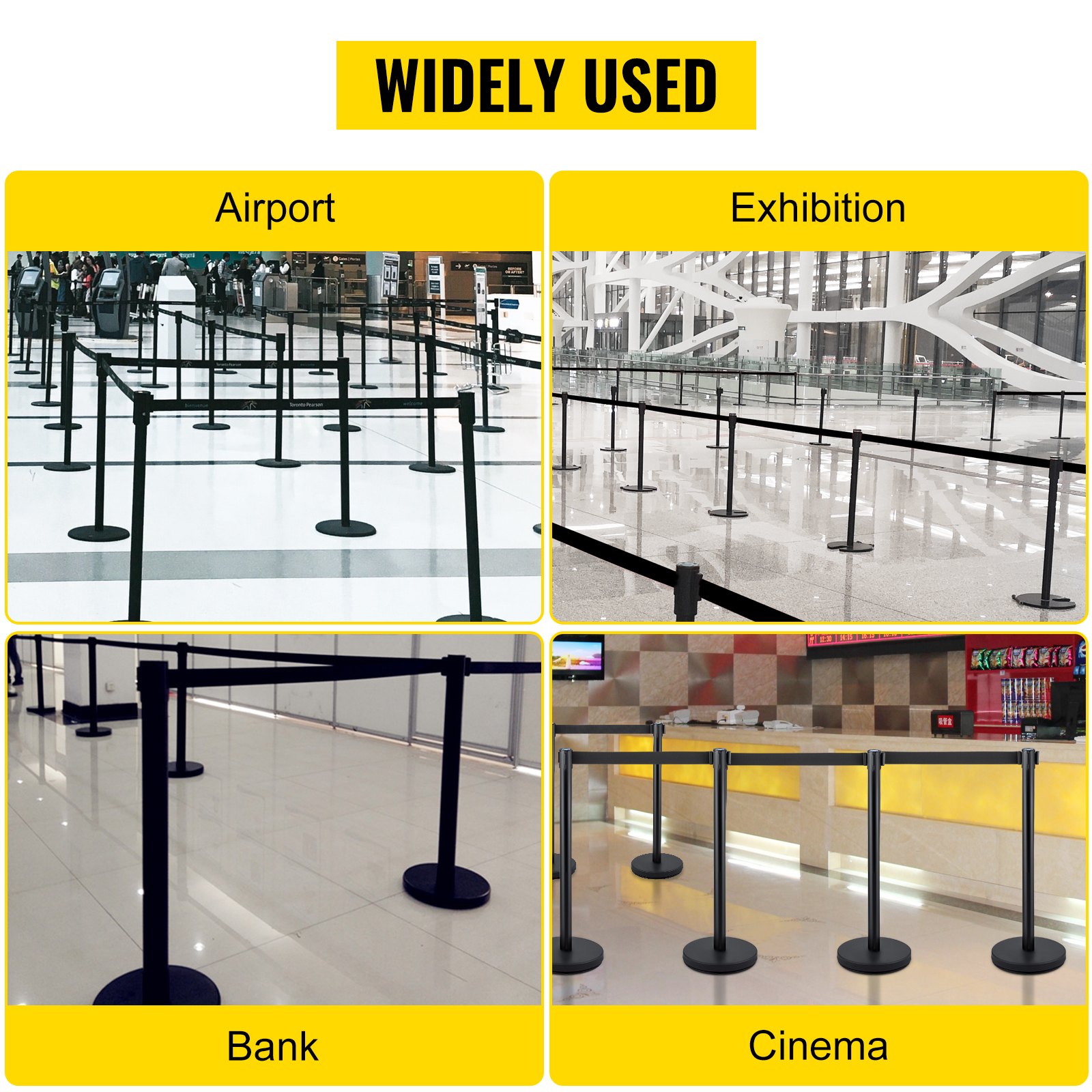 VEVOR Crowd Control Stanchion, Set of 6 Pieces Stanchion Set, Stanchion Set with 6.6 ft/2 m Black Retractable Belt, Black Crowd Control Barrier w/ Concrete and Metal Base – Easy Connect Assembly