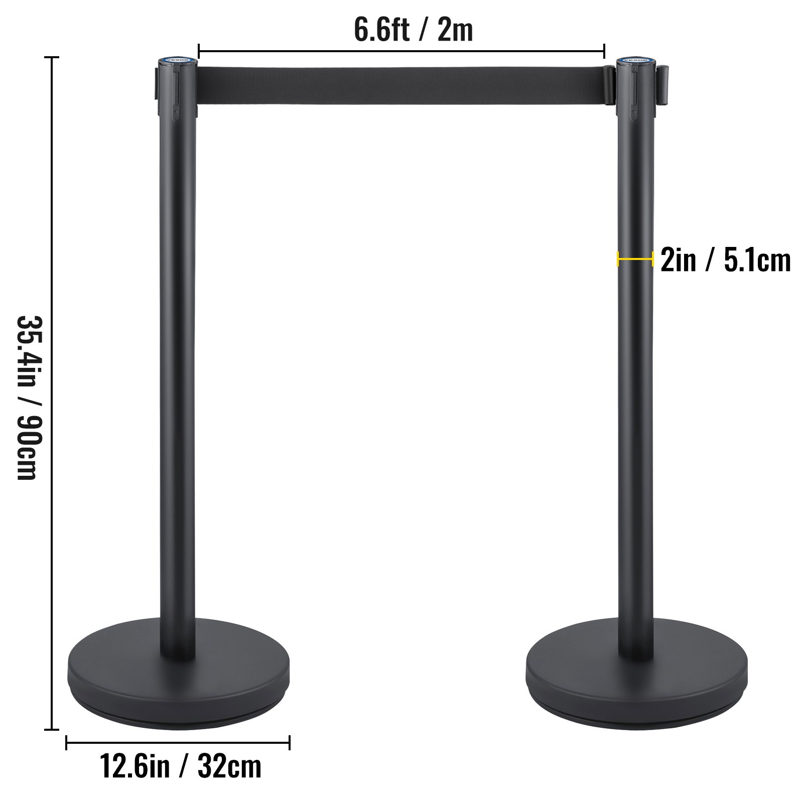 VEVOR Crowd Control Stanchion, Set of 6 Pieces Stanchion Set, Stanchion Set with 6.6 ft/2 m Black Retractable Belt, Black Crowd Control Barrier w/ Concrete and Metal Base – Easy Connect Assembly
