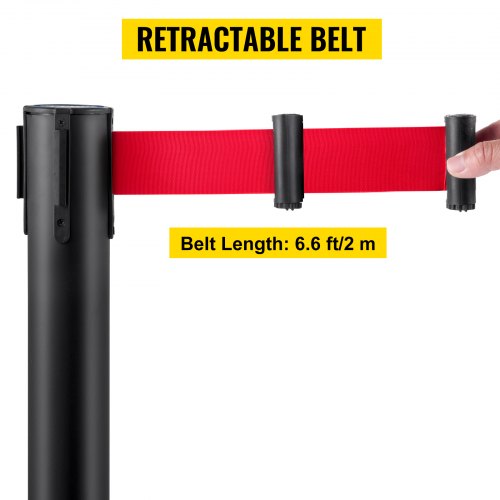 VEVOR Crowd Control Stanchion, Set of 6 Pieces Stanchion Set, Stanchion Set w/ 6.6 ft/2 m Red Retractable Belt, Black Crowd Control Barrier w/ Rubber Base – Easy Connect Assembly for Crowd Control