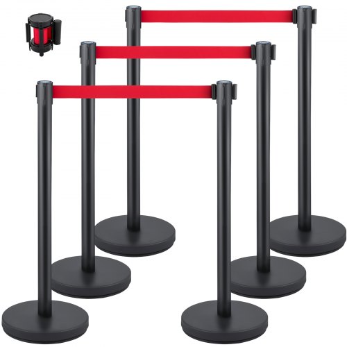 VEVOR Crowd Control Stanchion, Set of 6 Pieces Stanchion Set, Stanchion Set with 6.6 ft/2 m Red Retractable Belt, Black Crowd Control Barrier with Rubber Base – Easy Connect Assembly for Crowd Control