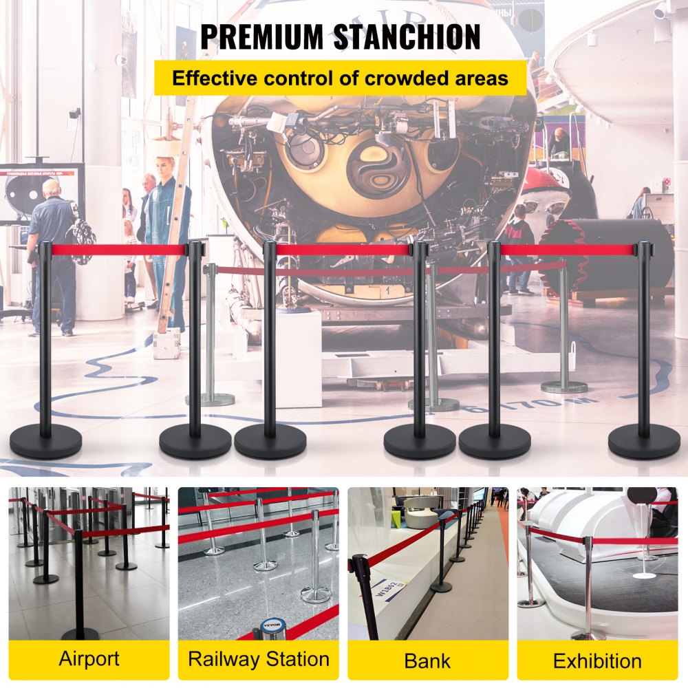 VEVOR Crowd Control Stanchion, Set of 6 Pieces Stanchion Set, Stanchion Set with 6.6 ft/2 m Red Retractable Belt, Crowd Control Barrier with Rubber Base – Easy Connect Assembly for Crowd Control (Blac