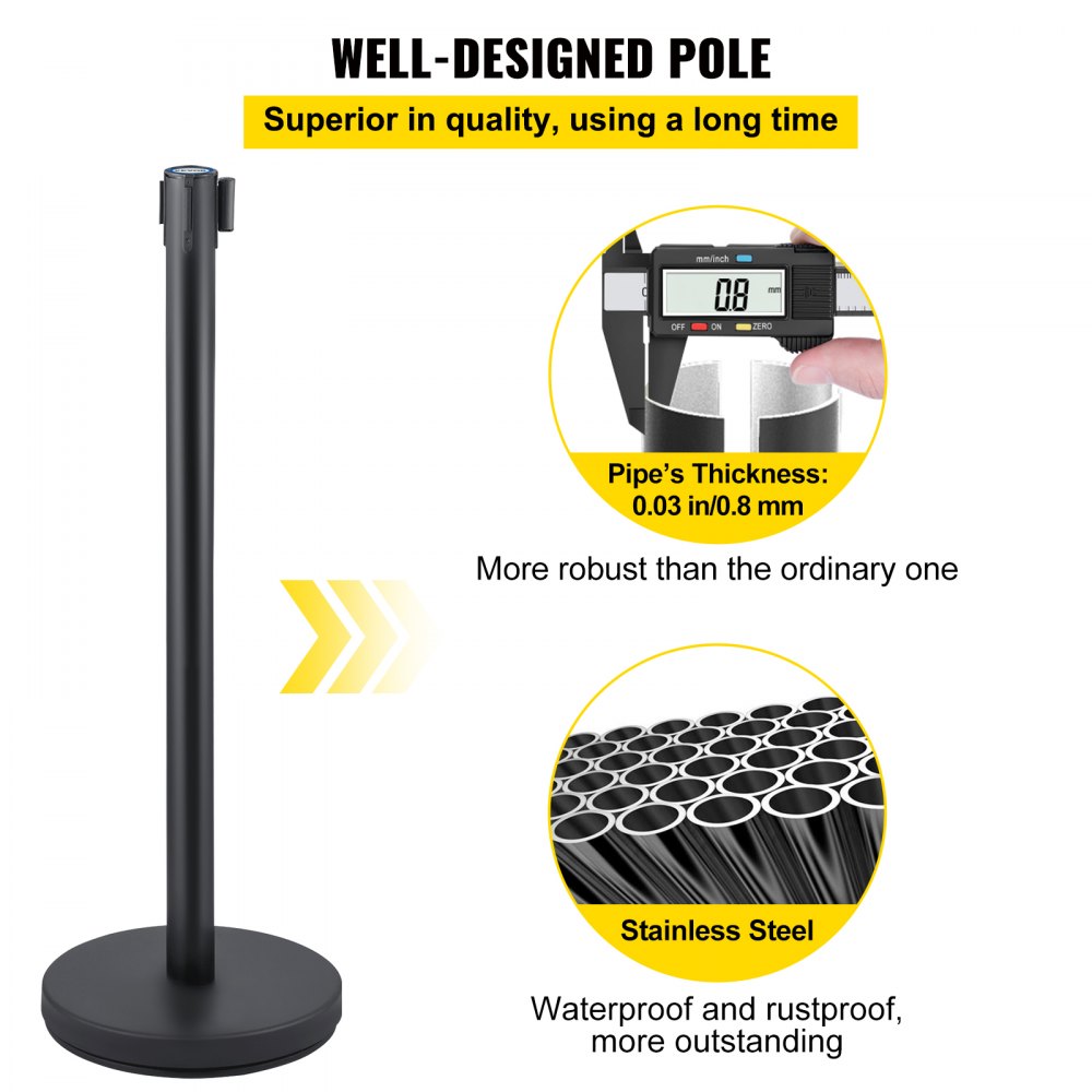 VEVOR Crowd Control Stanchion, Set of 6 Pieces Stanchion Set, Stanchion Set with 6.6 ft/2 m Red Retractable Belt, Crowd Control Barrier with Rubber Base – Easy Connect Assembly for Crowd Control (Blac