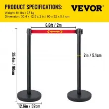 VEVOR Crowd Control Stanchion, Set of 6 Pieces Stanchion Set, Stanchion Set w/ 6.6 ft/2 m Red Retractable Belt, Crowd Control Barrier w/Rubber Base – Easy Connect Assembly for Crowd Control (Black)