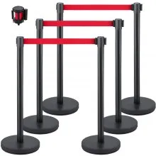 VEVOR Crowd Control Stanchion, Set of 6 Pieces Stanchion Set, Stanchion Set w/ 6.6 ft/2 m Red Retractable Belt, Crowd Control Barrier w/Rubber Base – Easy Connect Assembly for Crowd Control (Black)