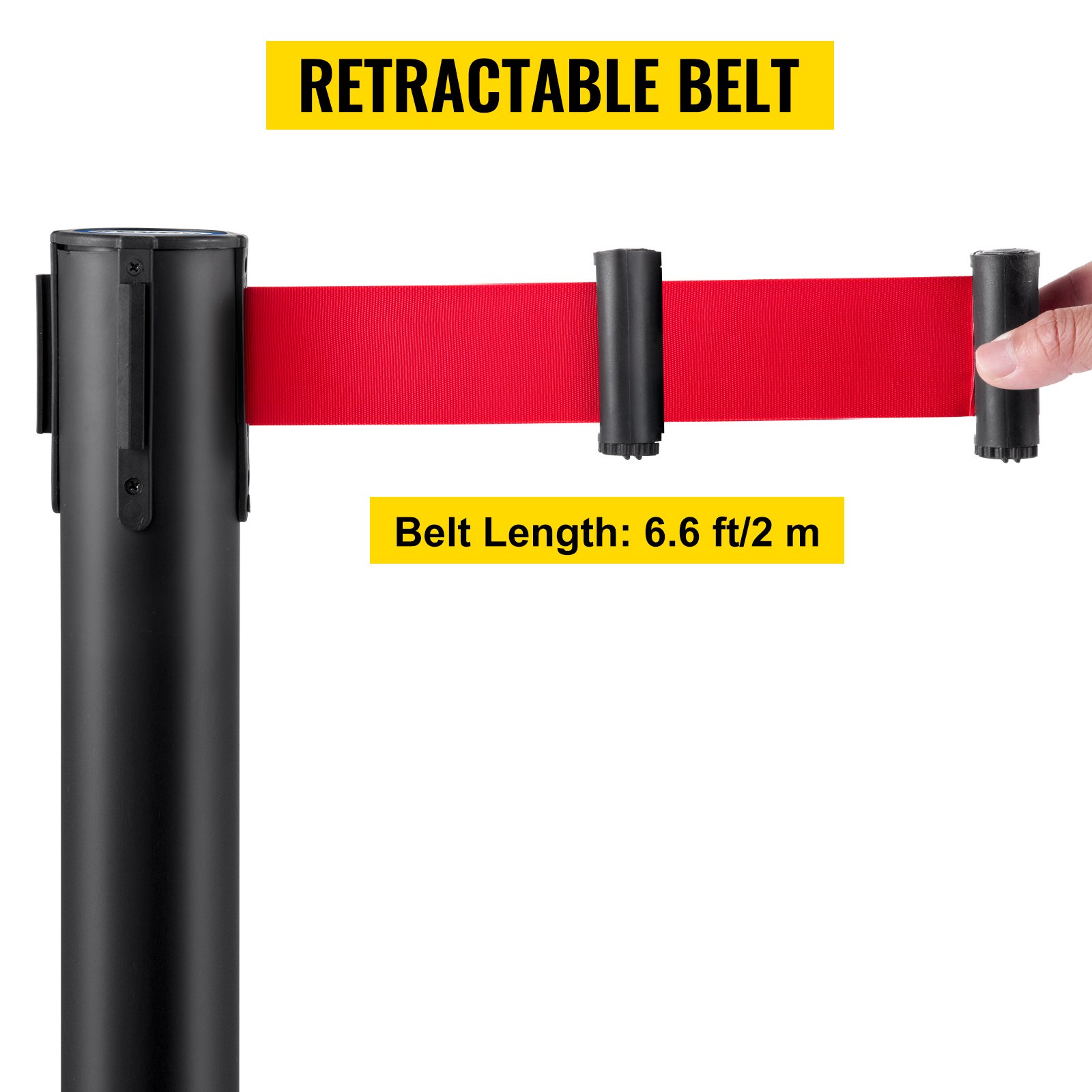 VEVOR Crowd Control Stanchion, Set of 6 Pieces Stanchion Set, Stanchion Set with 6.6 ft/2 m Red Retractable Belt, Black Crowd Control Barrier with Rubber Base – Easy Connect Assembly for Crowd Control
