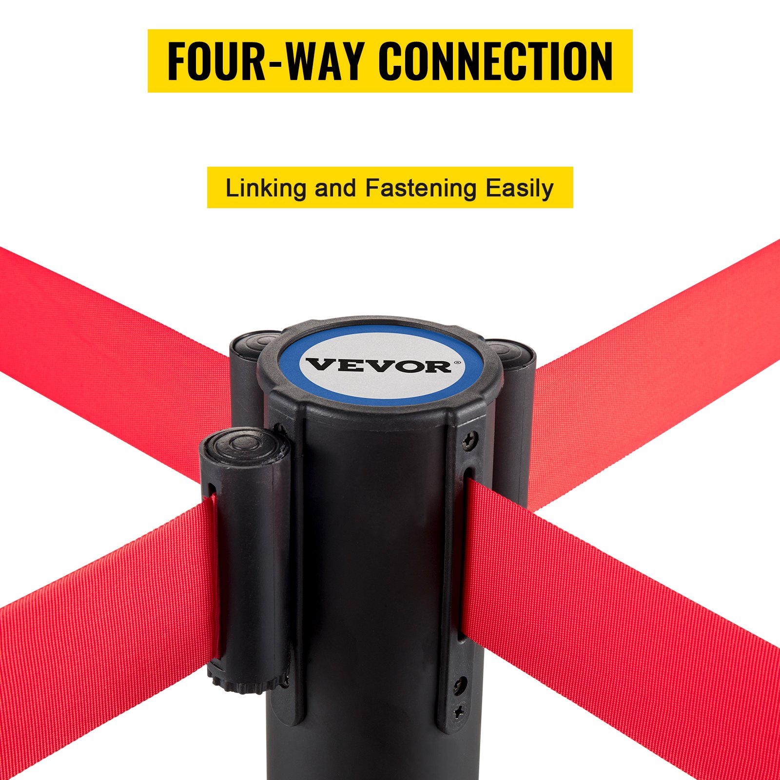 VEVOR Crowd Control Stanchion, Set of 6 Pieces Stanchion Set, Stanchion Set w/ 6.6 ft/2 m Red Retractable Belt, Black Crowd Control Barrier w/ Rubber Base – Easy Connect Assembly for Crowd Control