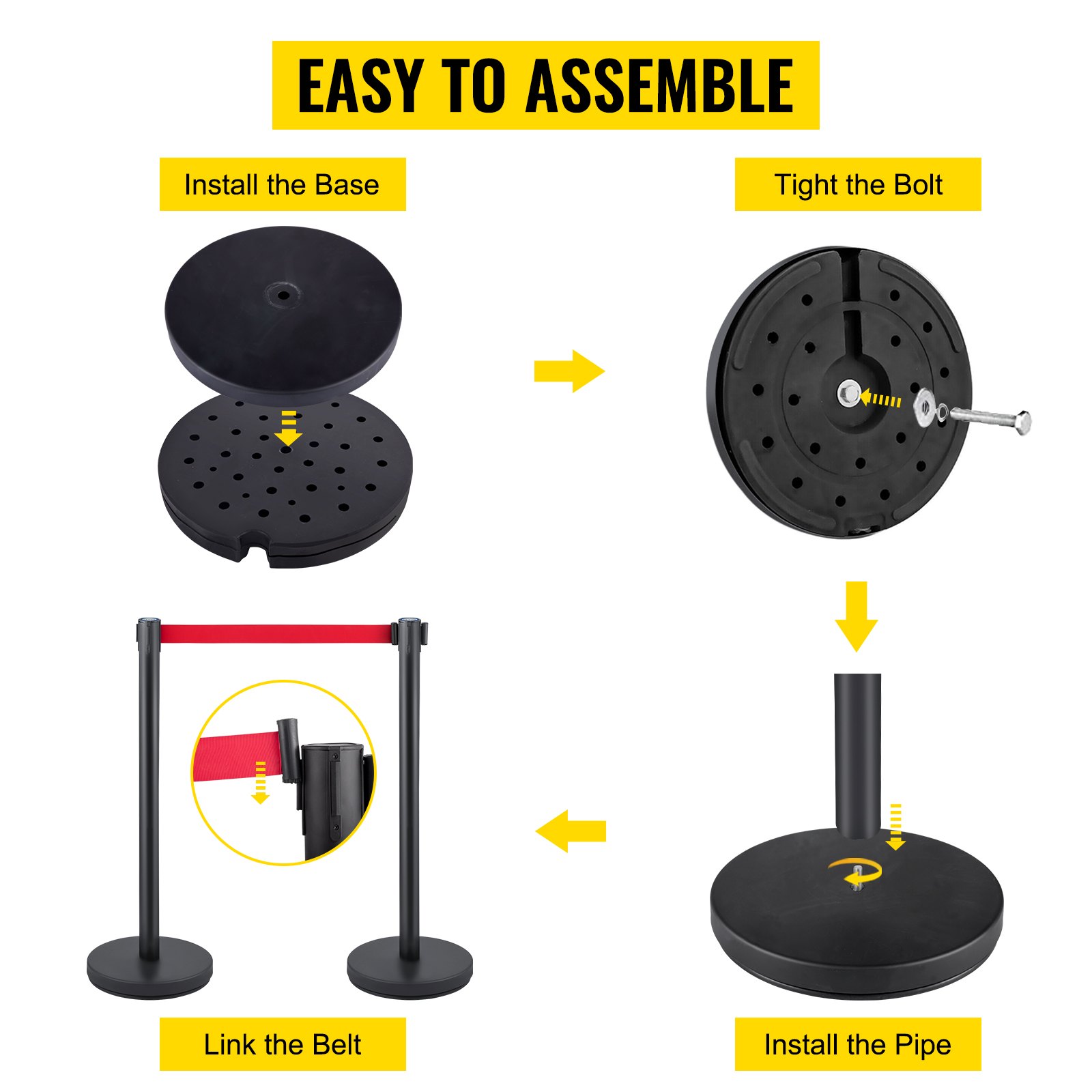 VEVOR Crowd Control Stanchion, Set of 6 Pieces Stanchion Set, Stanchion Set w/ 6.6 ft/2 m Red Retractable Belt, Black Crowd Control Barrier w/ Rubber Base – Easy Connect Assembly for Crowd Control