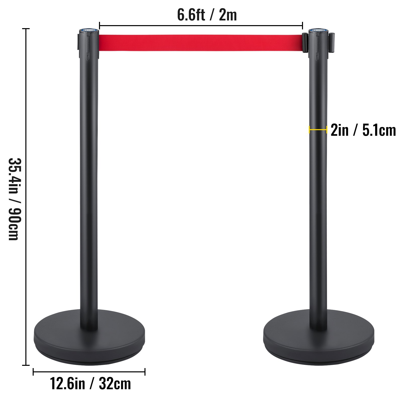 VEVOR Crowd Control Stanchion, Set of 6 Pieces Stanchion Set, Stanchion Set w/ 6.6 ft/2 m Red Retractable Belt, Black Crowd Control Barrier w/ Rubber Base – Easy Connect Assembly for Crowd Control