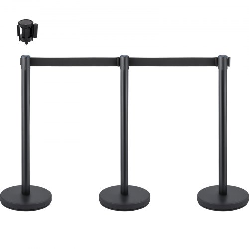VEVOR Crowd Control Stanchion Stanchion Set 3Pcs w/ 3m Black Retractable Belt