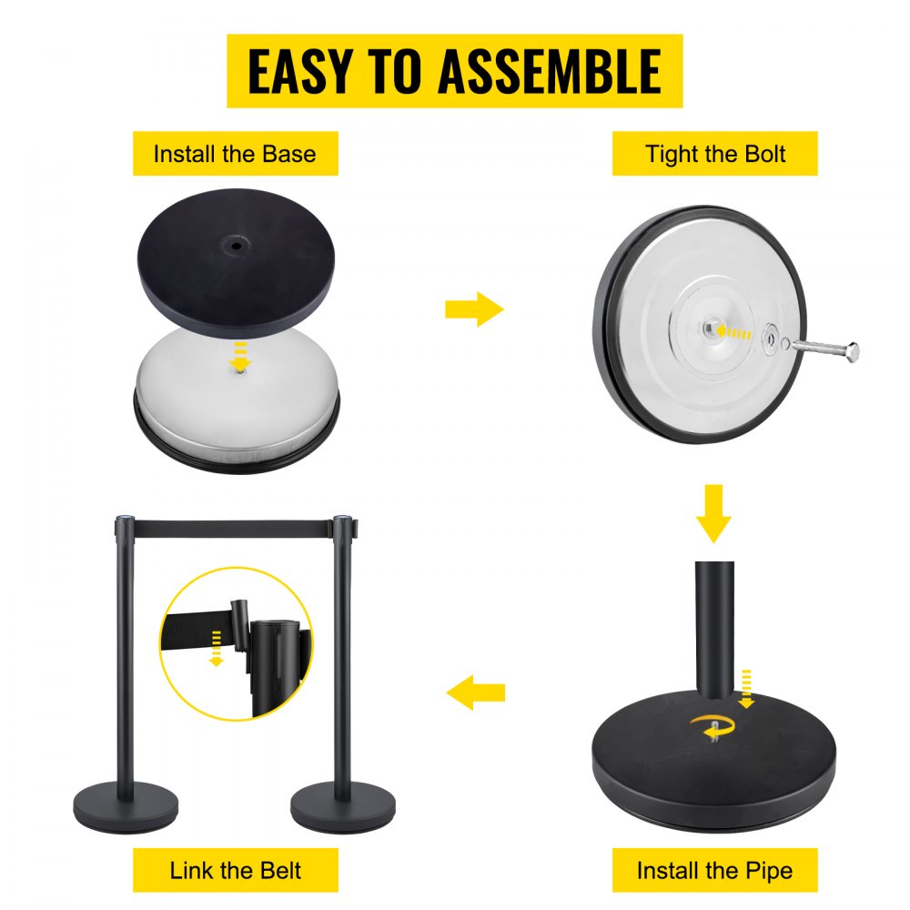 VEVOR Crowd Control Stanchion Stanchion Set 3Pcs w/ 3m Black Retractable Belt