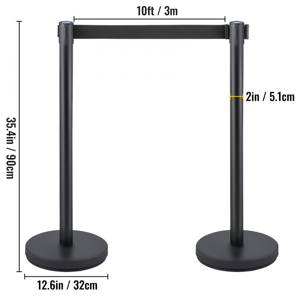 VEVOR Crowd Control Stanchion Stanchion Set 3Pcs w/ 3m Black Retractable Belt