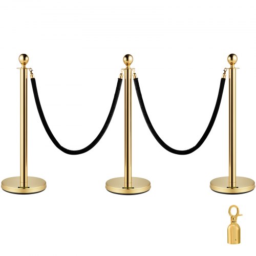 VEVOR Gold Stanchion Posts Queue 38 Inch Black Velvet Rope Crowd Control Barriers Queue Line Rope Barriers for Patrty Supplies (3 PCS 2 Black Velvet Ropes)