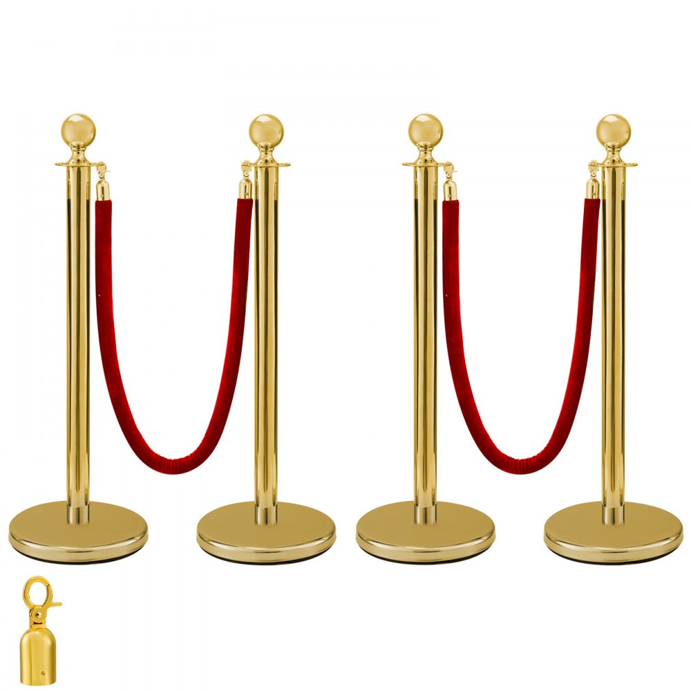 VEVOR Sæt med 2 Guld Rund Top Kø Kontrol Barrier Posts Standere Sikkerhedsstander Rope Divider med 1,5 M Red Rope Crowd Control Barrier Guld Rund top søjle