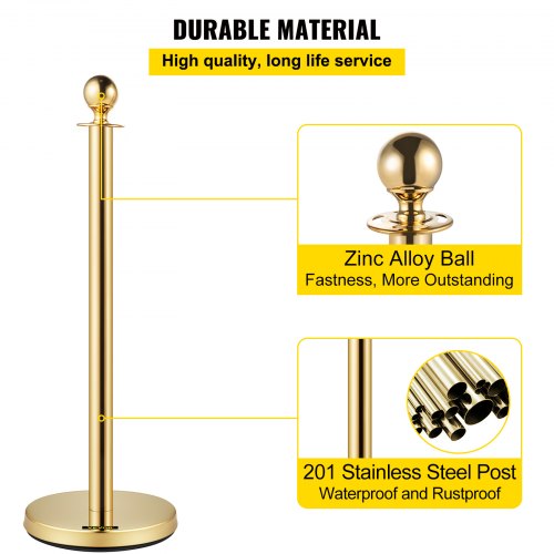 VEVOR 6 PCS Gold Stanchions Posts Stainless Steel Stanchion Queue Post Red Rope Retractable 38In for Both Indoor and Outdoor use.