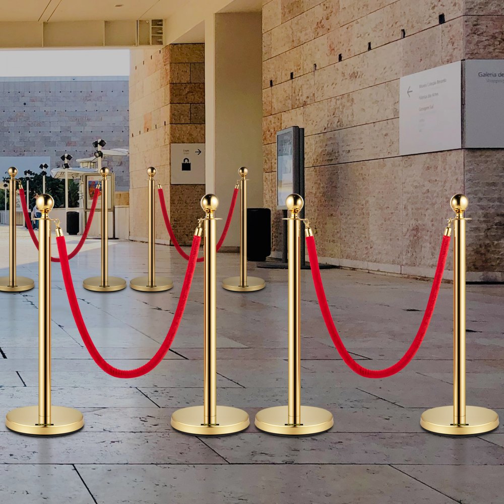 VEVOR Crowd Control Stanchion, Set of 8 Pieces Stanchion Set, Stanchion Set with 5 ft/1.5 m Red Velvet Rope, Gold Crowd Control Barrier with Sturdy Concrete and Metal Base – Easy Connect Assembly