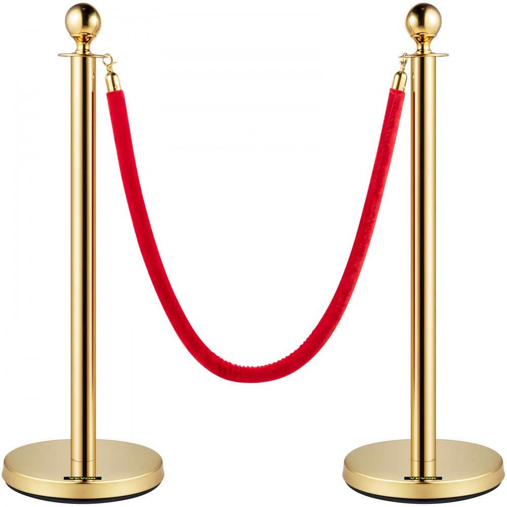 VEVOR Crowd Control Stanchion, Set of 8 Pieces Stanchion Set, Stanchion Set with 5 ft/1.5 m Red Velvet Rope, Gold Crowd Control Barrier with Sturdy Concrete and Metal Base – Easy Connect Assembly