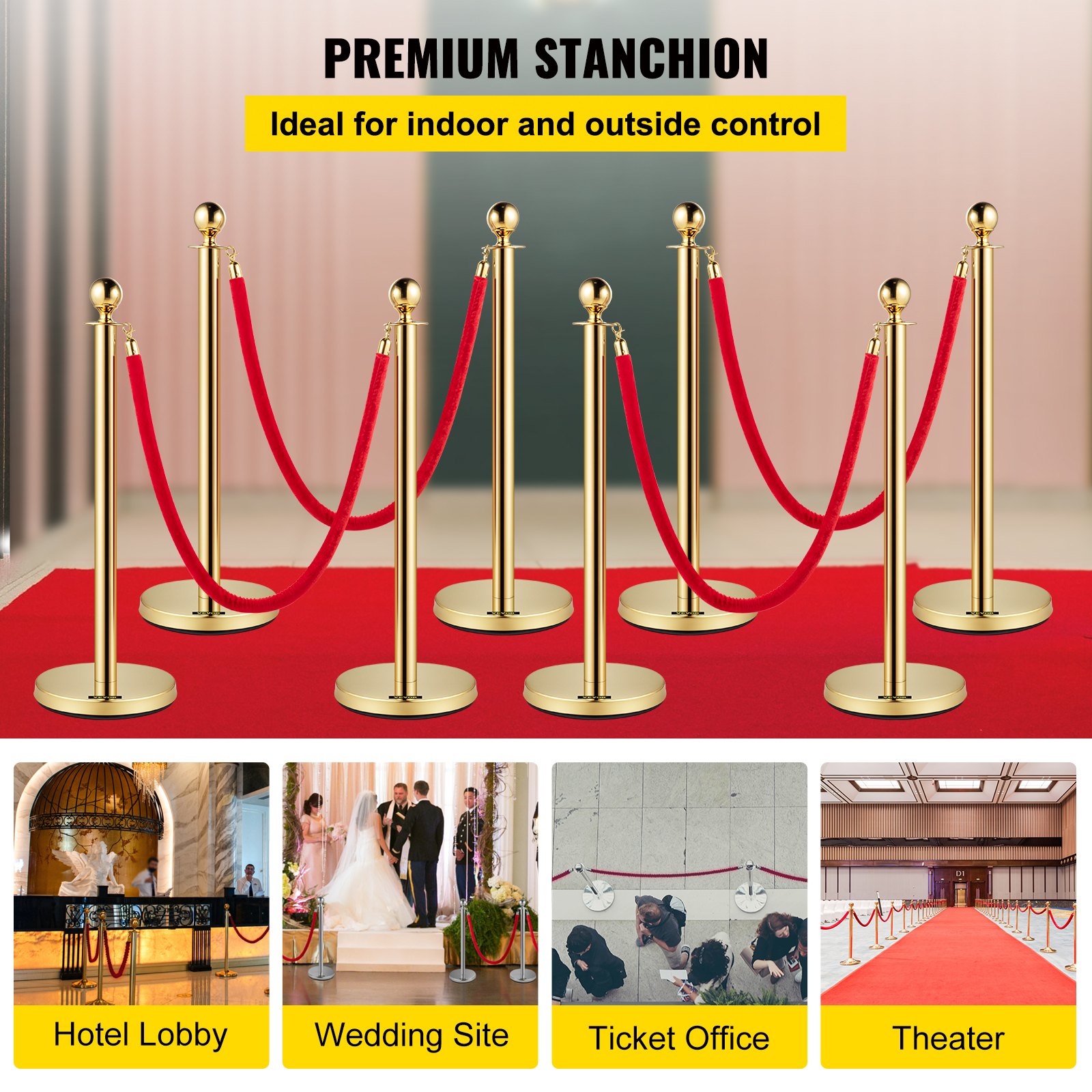 VEVOR Crowd Control Stanchion, Set of 8 Pieces Stanchion Set, Stanchion Set with 5 ft/1.5 m Red Velvet Rope, Gold Crowd Control Barrier with Sturdy Concrete and Metal Base – Easy Connect Assembly