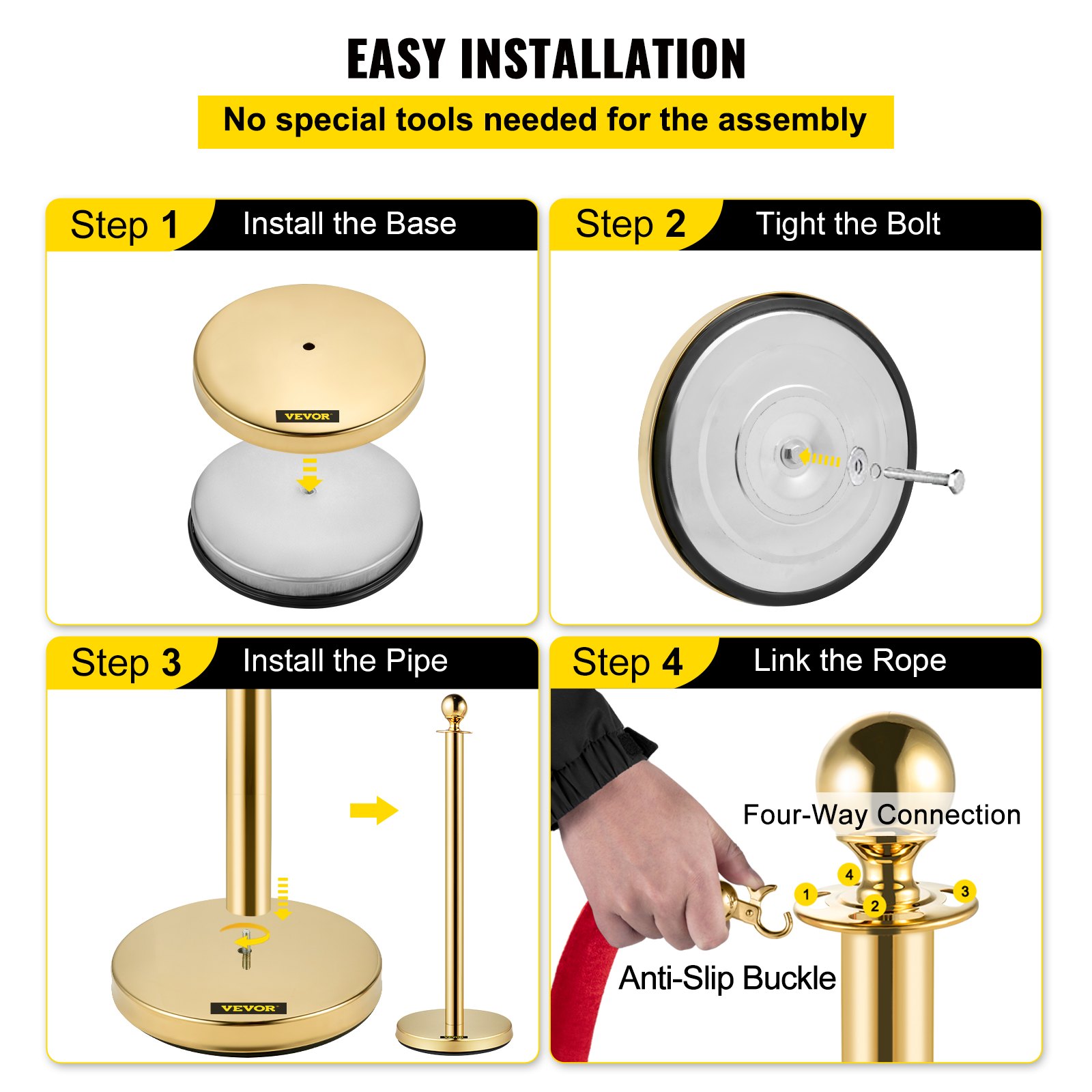 VEVOR Crowd Control Stanchion, Set of 8 Pieces Stanchion Set, Stanchion Set with 5 ft/1.5 m Red Velvet Rope, Gold Crowd Control Barrier with Sturdy Concrete and Metal Base – Easy Connect Assembly