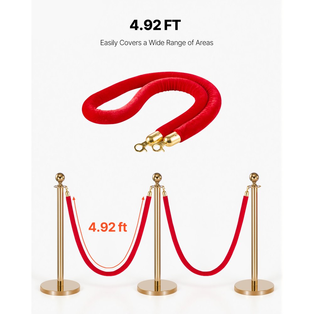 VEVOR 2 Pcs Red Velvet Stanchion Ropes, 1.5 m Crowd Control Stanchion Red Velvet Ropes with Gold Hooks, Post Queue Barrier Carpet Rope for Carpet Events Movie Theaters Grand Openings Hotels Party