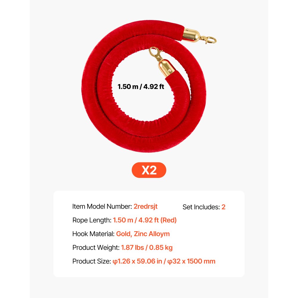 VEVOR 2 Pcs Red Velvet Stanchion Ropes, 1.5 m Crowd Control Stanchion Red Velvet Ropes with Gold Hooks, Post Queue Barrier Carpet Rope for Carpet Events Movie Theaters Grand Openings Hotels Party