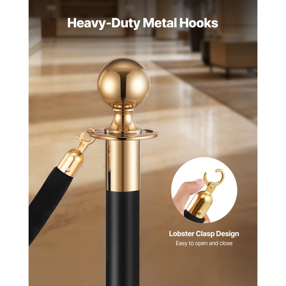 VEVOR 2 Pcs Black Velvet Stanchion Ropes, 1.5 m Crowd Control Stanchion Black Velvet Ropes with Gold Hooks, Post Queue Barrier Carpet Rope for Carpet Events Movie Theaters Grand Openings Hotels Party