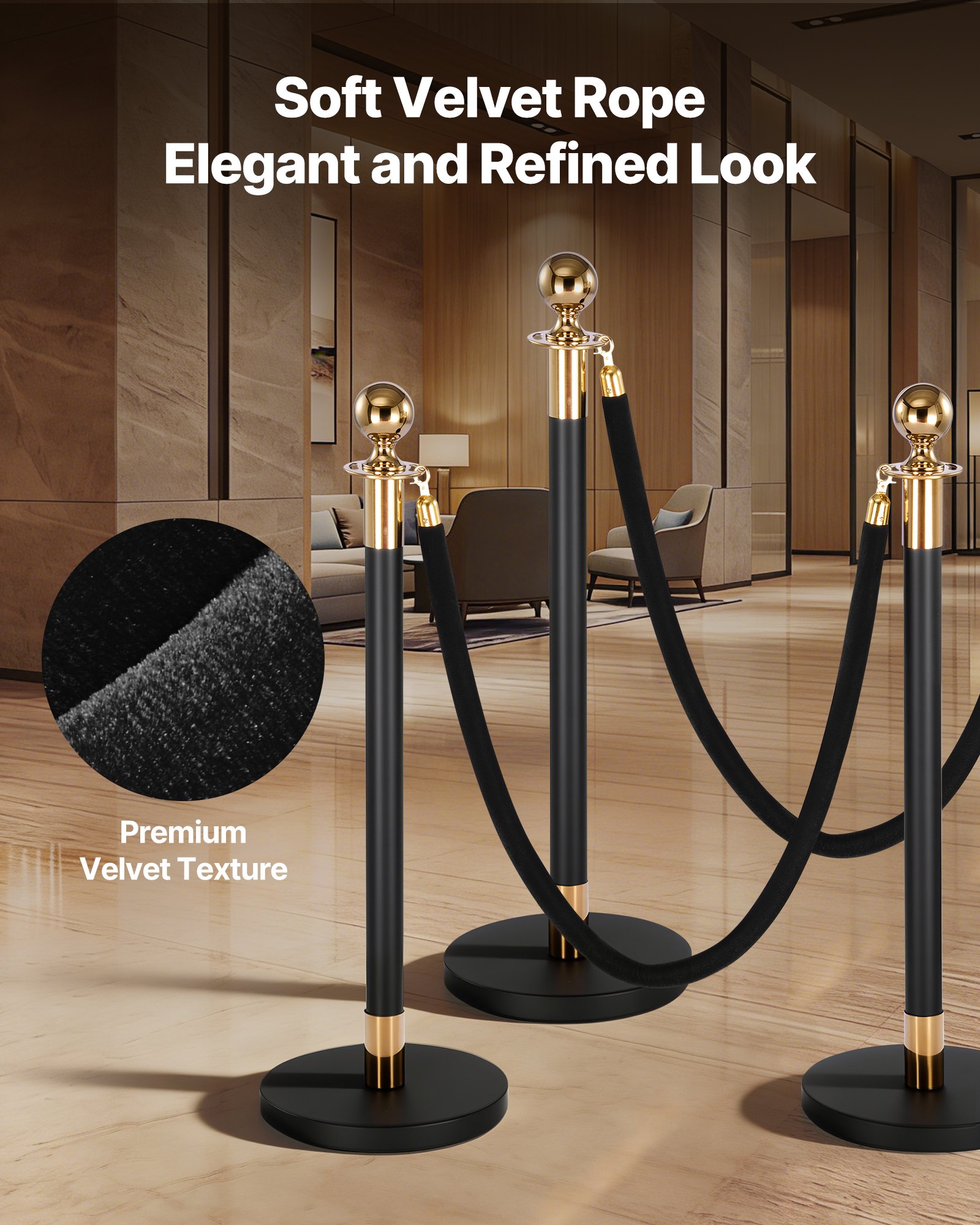 VEVOR 2 Pcs Black Velvet Stanchion Ropes, 1.5 m Crowd Control Stanchion Black Velvet Ropes with Gold Hooks, Post Queue Barrier Carpet Rope for Carpet Events Movie Theaters Grand Openings Hotels Party