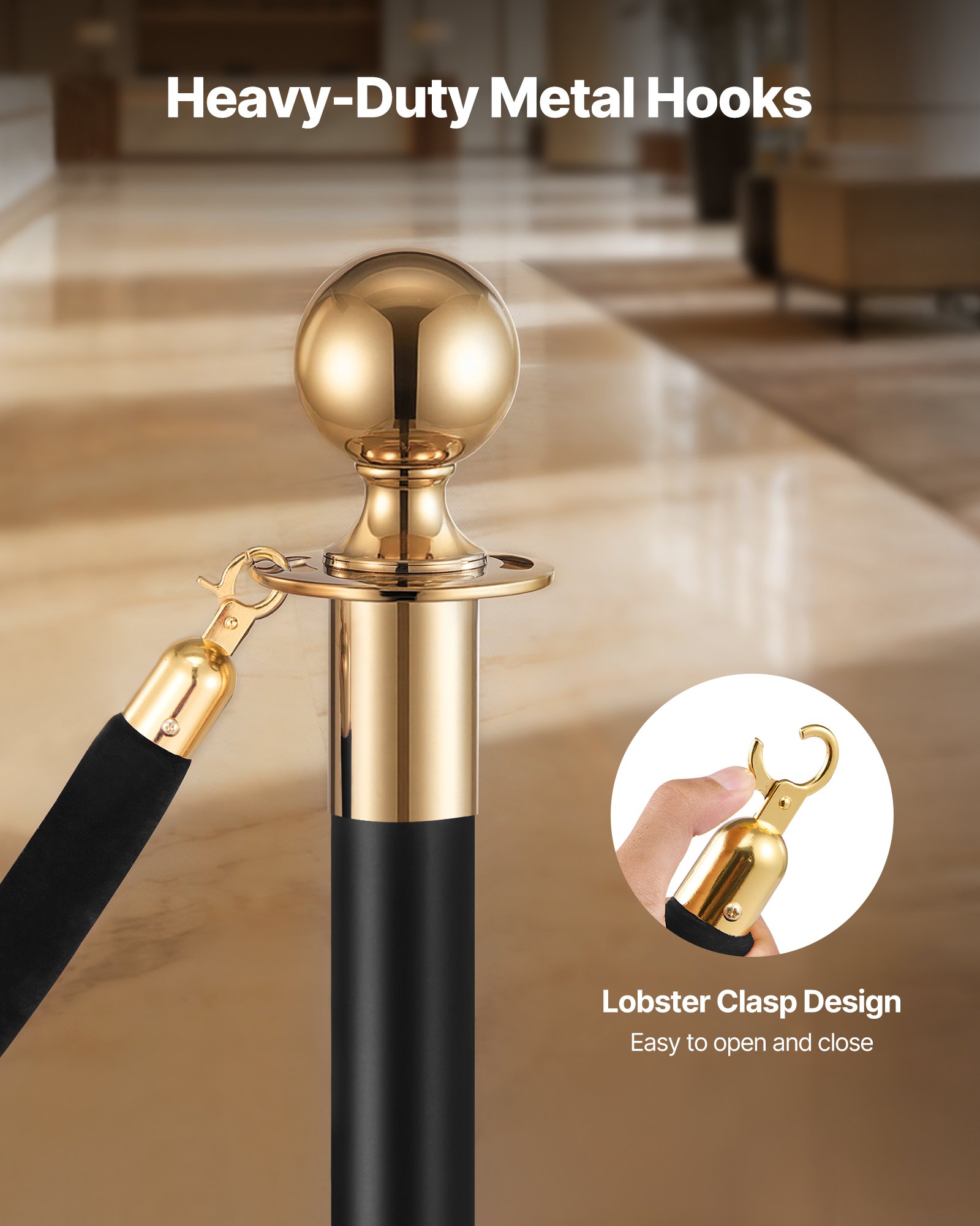 VEVOR 2 Pcs Black Velvet Stanchion Ropes, 1.5 m Crowd Control Stanchion Black Velvet Ropes with Gold Hooks, Post Queue Barrier Carpet Rope for Carpet Events Movie Theaters Grand Openings Hotels Party