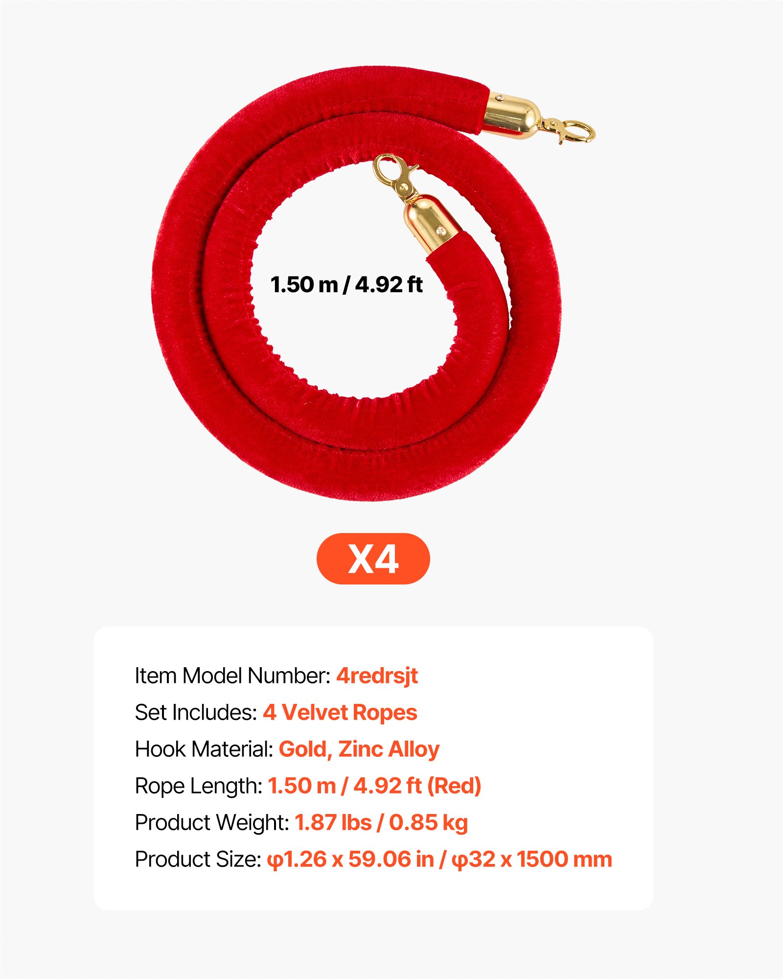 VEVOR 4 Pcs Red Velvet Stanchion Ropes, 1.5 m Crowd Control Stanchion Red Velvet Ropes with Gold Hooks, Post Queue Barrier Carpet Rope for Carpet Events Movie Theaters Grand Openings Hotels Party