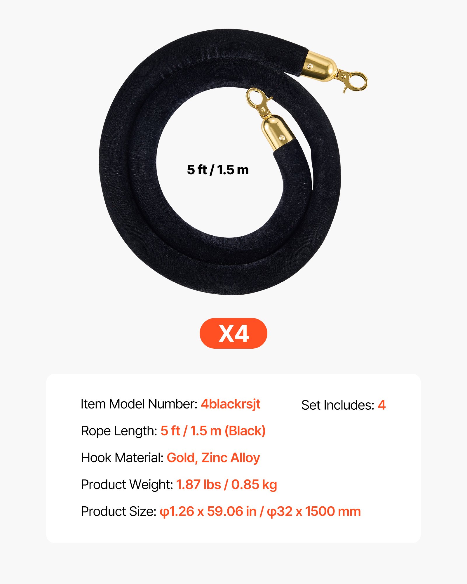 VEVOR 4 Pcs Black Velvet Stanchion Ropes, 1.5 m Crowd Control Stanchion Black Velvet Ropes with Gold Hooks, Post Queue Barrier Carpet Rope for Carpet Events Movie Theaters Grand Openings Hotels Party