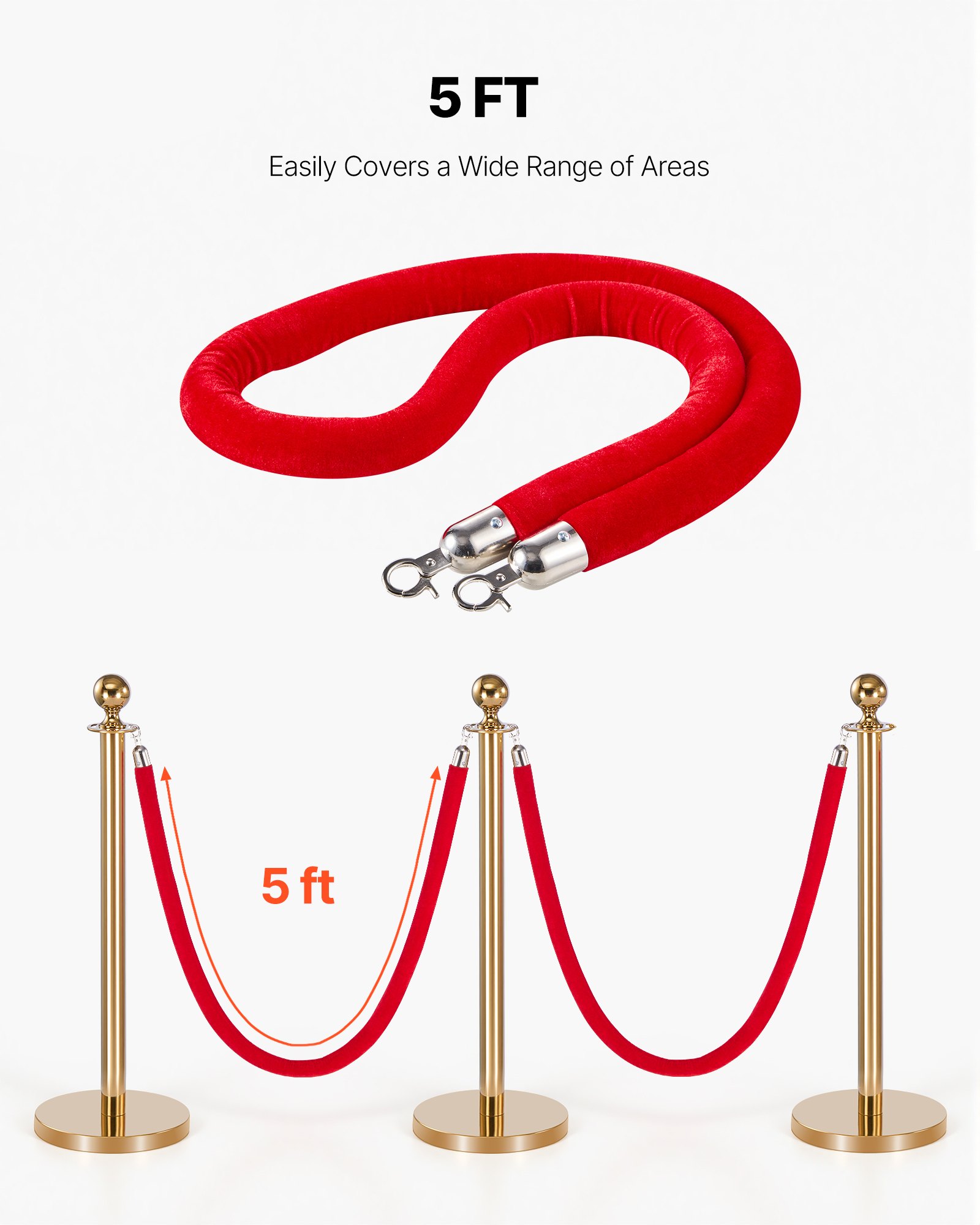 VEVOR 4 Pcs Red Velvet Stanchion Ropes, 1.5 m Crowd Control Stanchion Red Velvet Ropes with Silver Hooks, Post Queue Barrier Carpet Rope for Carpet Events Movie Theaters Grand Openings Hotels Party