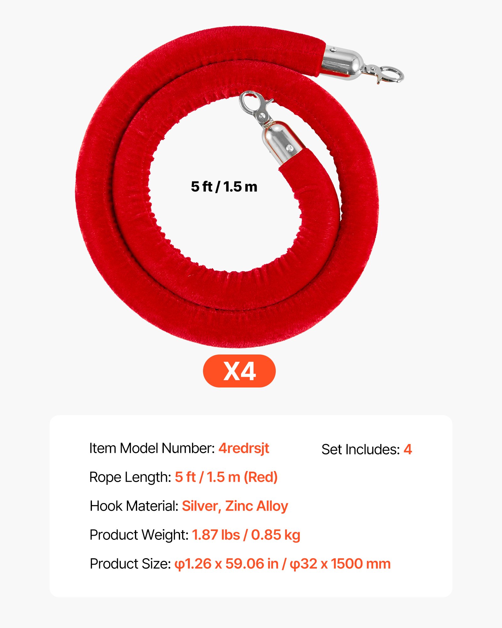 VEVOR 4 Pcs Red Velvet Stanchion Ropes, 1.5 m Crowd Control Stanchion Red Velvet Ropes with Silver Hooks, Post Queue Barrier Carpet Rope for Carpet Events Movie Theaters Grand Openings Hotels Party