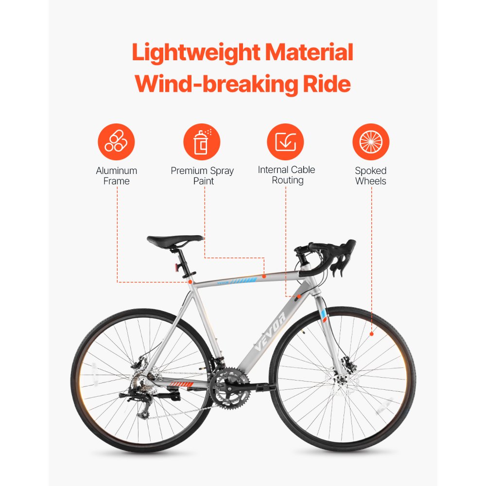 VEVOR Road Bike, 700C Wheels Racing Bike, L-TWOO 14 Speeds Drivetrain City Commuter Road Bicycle, Urban Adult Sport Bike with Lightweight Aluminum Alloy Frame, Drop Bar, Disc Brake, for Men Women