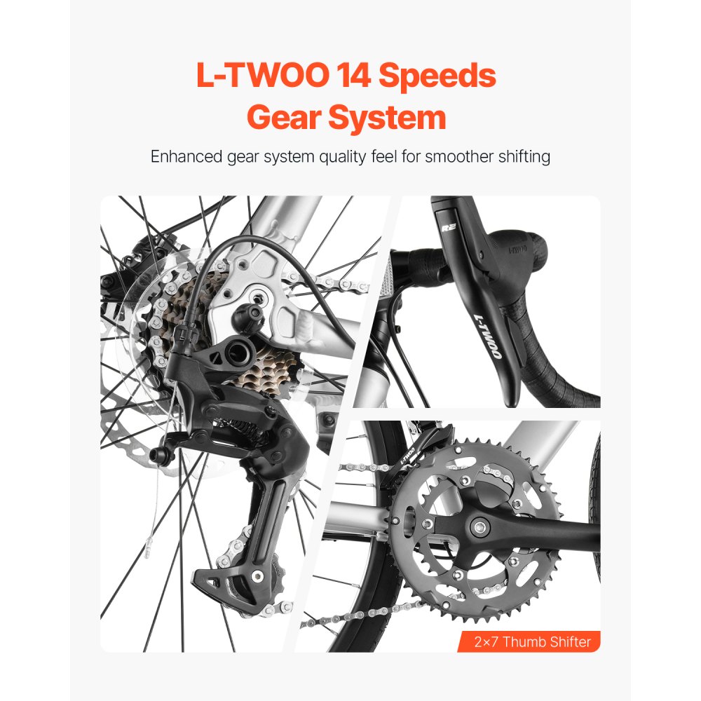 VEVOR Road Bike, 700C Wheels Racing Bike, L-TWOO 14 Speeds Drivetrain City Commuter Road Bicycle, Urban Adult Sport Bike with Lightweight Aluminum Alloy Frame, Drop Bar, Disc Brake, for Men Women